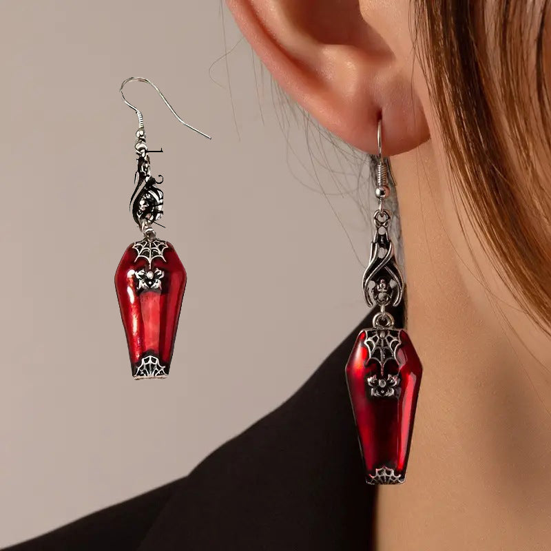 Halloween Earrings Red Bat Spider