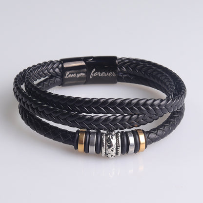 Laser Fashion Titanium Steel Leather Rope Alloy Three Layer Braided Bracelet
